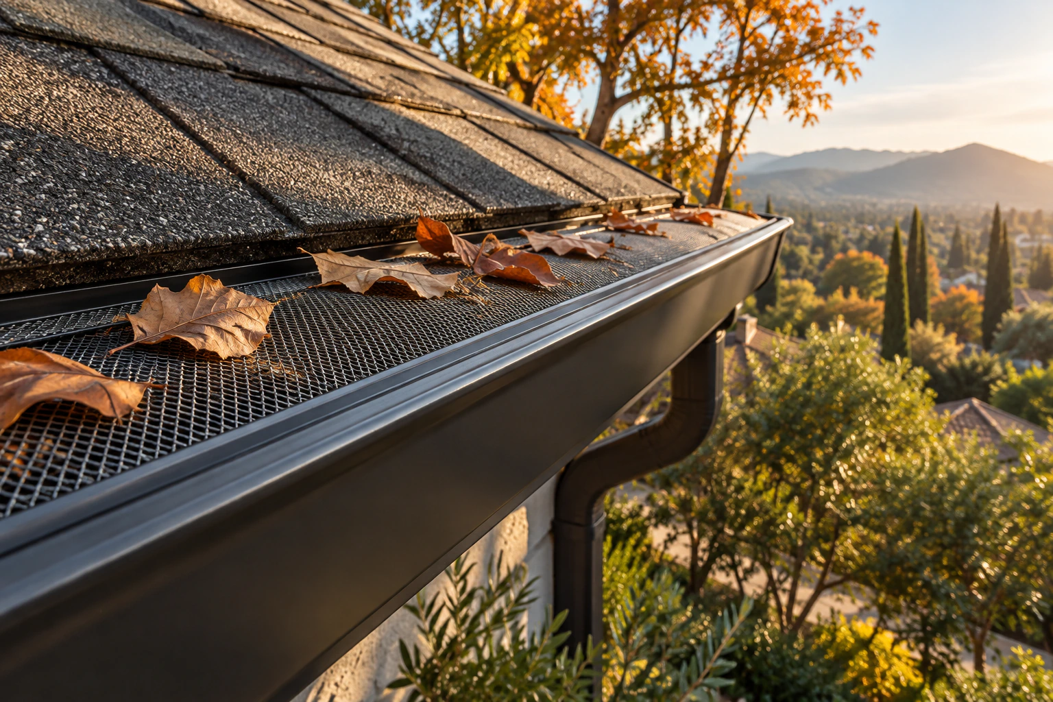 Finished micro-mesh gutter guard with leaves resting above the channel
