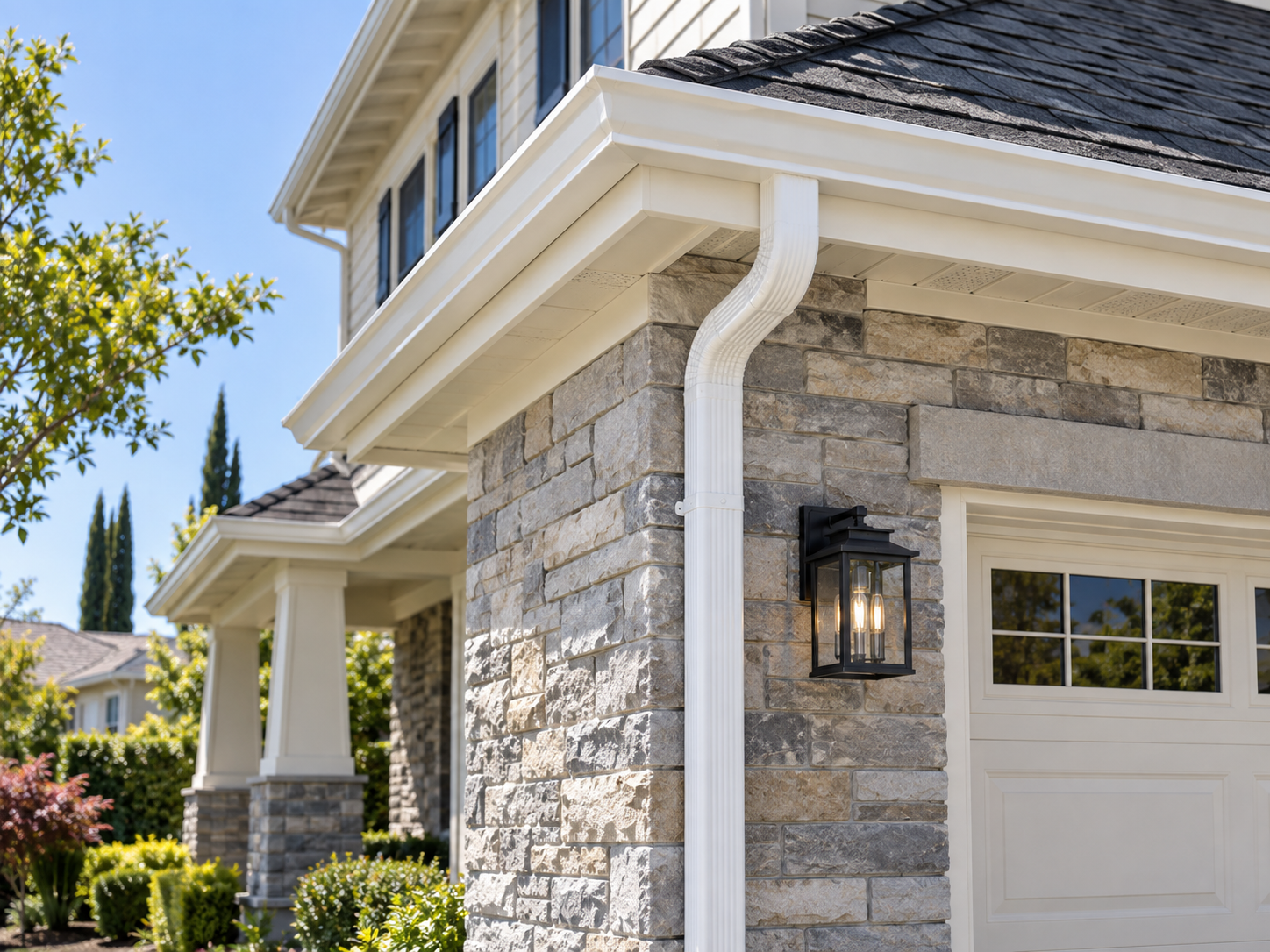 Pristine gutter and downspout installed on an Elk Grove home
