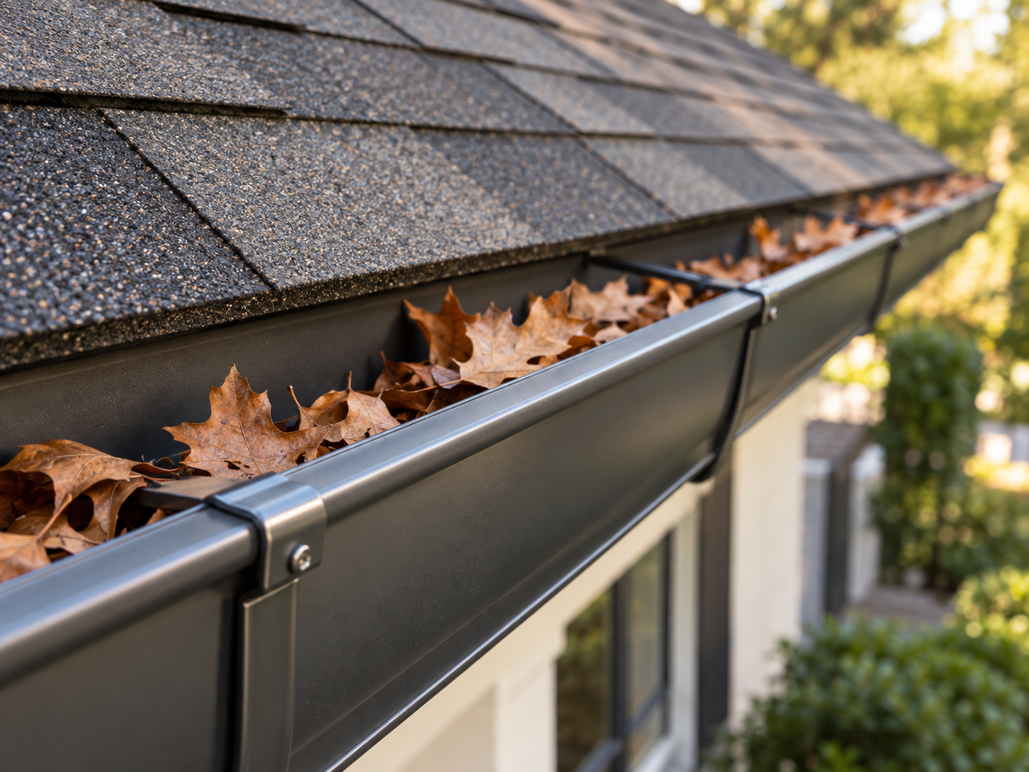 Residential gutter with leaves ready for professional cleaning