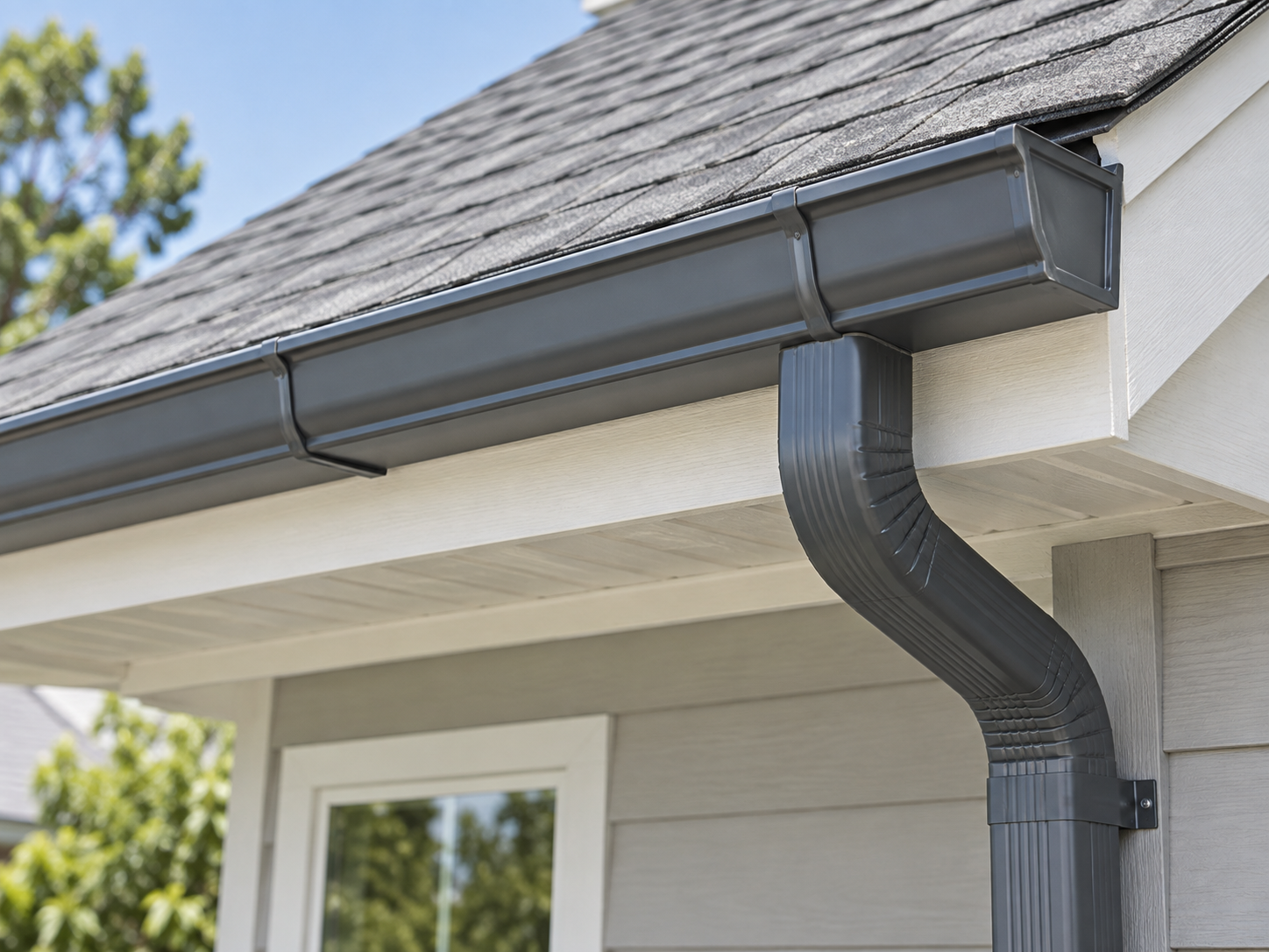 Completed residential gutter repair and downspout system