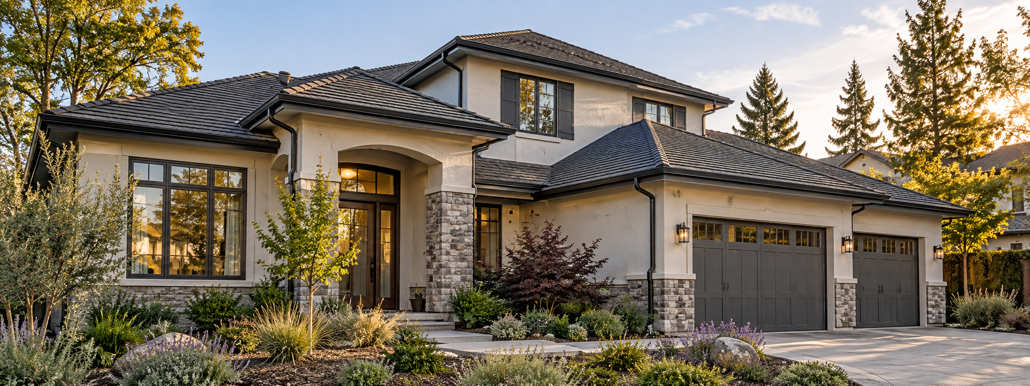 Completed dark seamless gutter system on an Elk Grove home