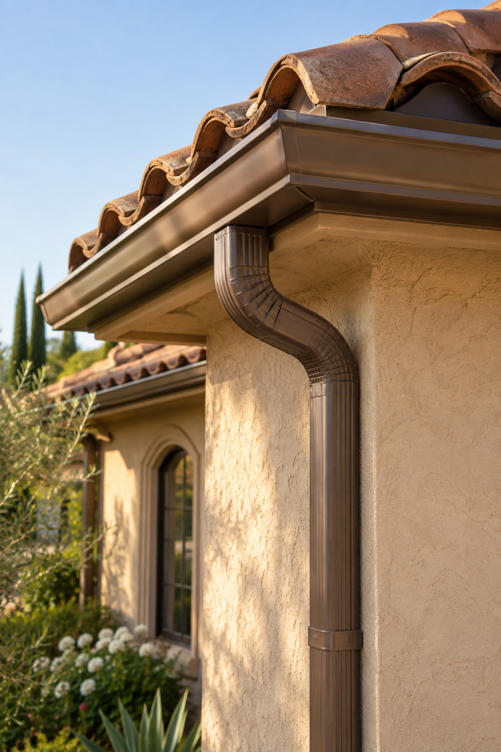 Bronze gutter and downspout on a California Mediterranean-style home